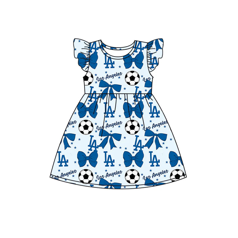 ( Moq 5 each style ) Baby Girl Toddler Team Blue Bows Soccer Sibling Romper Dress Set 6.14