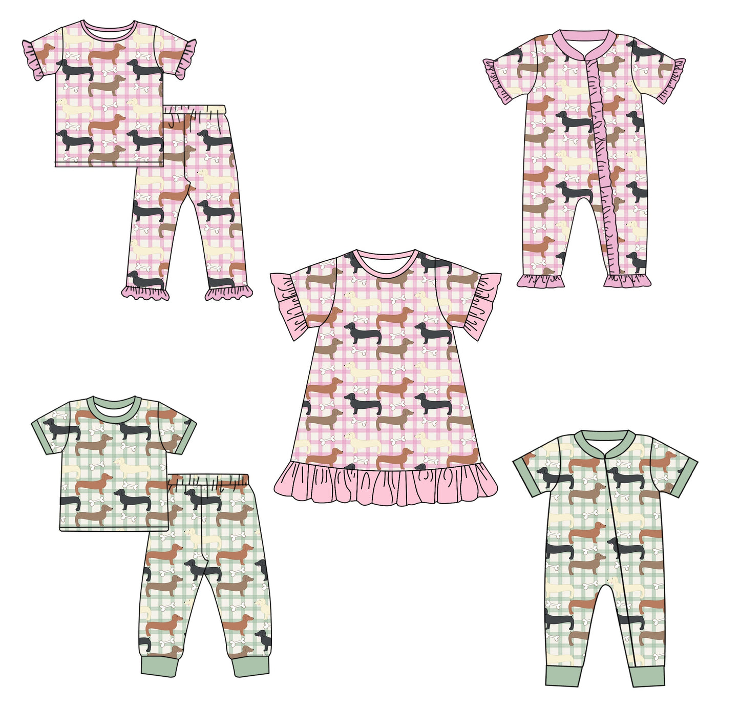 Baby Boy Girl Short Sleeves Dogs Checked Sibling Romper Dress Set ( Moq 5 Each Style ) 4.3