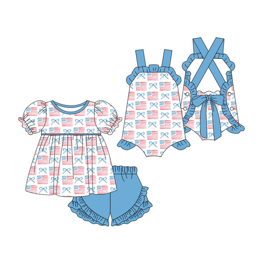 ( Moq 5 Each Style ) Sibling Baby Girls Kids Flags Bows Romper Set 4th of July Blue Clothes