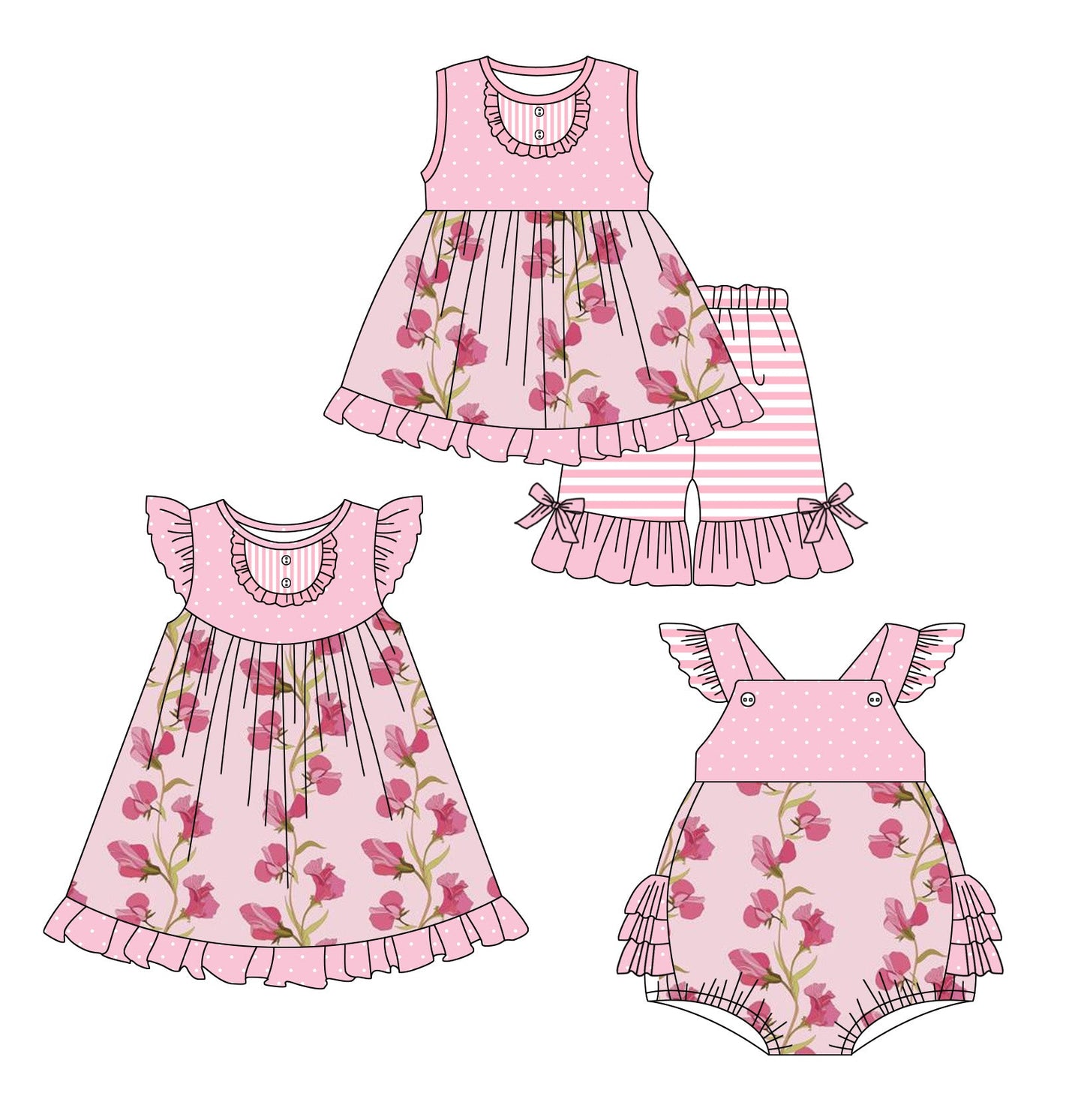 Baby Girl Sleeveless Flower Pink Sibling Romper Dress Set ( Moq 5 Each Style ) 1.24