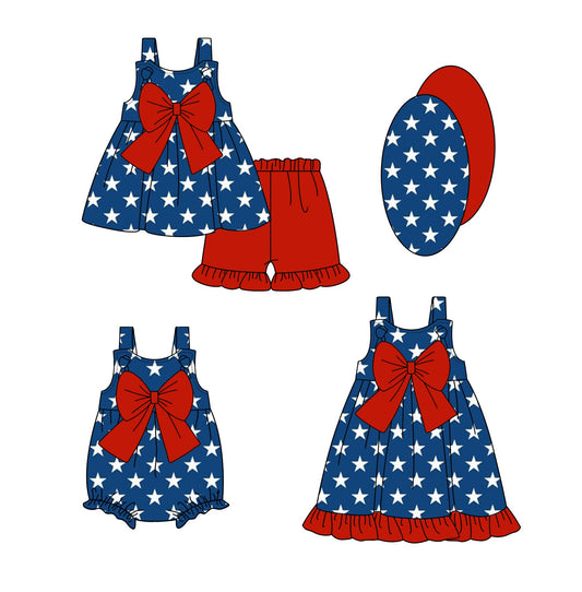 Baby Girl July 4th Stars Red Bows Sibling Dress Romper Set ( Moq 5 Each Style ) 1.4