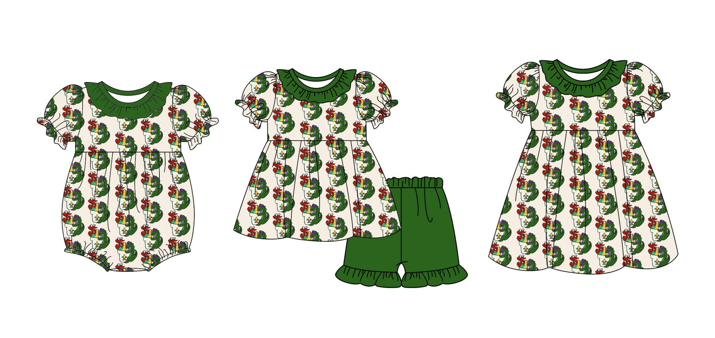Baby Girl Short Sleeves Mardi Gras Dinosaurs Sibling Dress Romper Set ( Moq 5 Each Design ) 12.7
