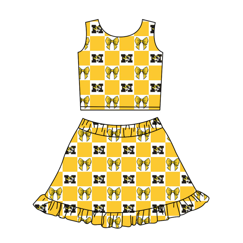 ( Moq 5 Each Style ) Baby Girls Kids Toddler Tigers Bows Yellow Plaid Tops Shorts Ruffle Skirt Team Set