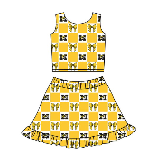 ( Moq 5 Each Style ) Baby Girls Kids Toddler Tigers Bows Yellow Plaid Tops Shorts Ruffle Skirt Team Set