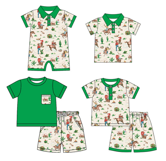 ( Moq 5 Each Style ) Baby Boy Short Sleeves Rodeo Western Sibling Green Romper Shirt Set 4.21