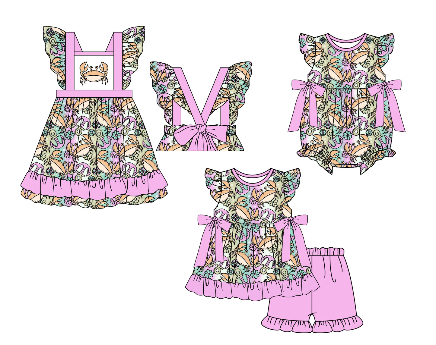 Baby Girl Crabs Flower Sibling Romper Dress Clothes Set ( Moq 5 Each Design ) 11.27