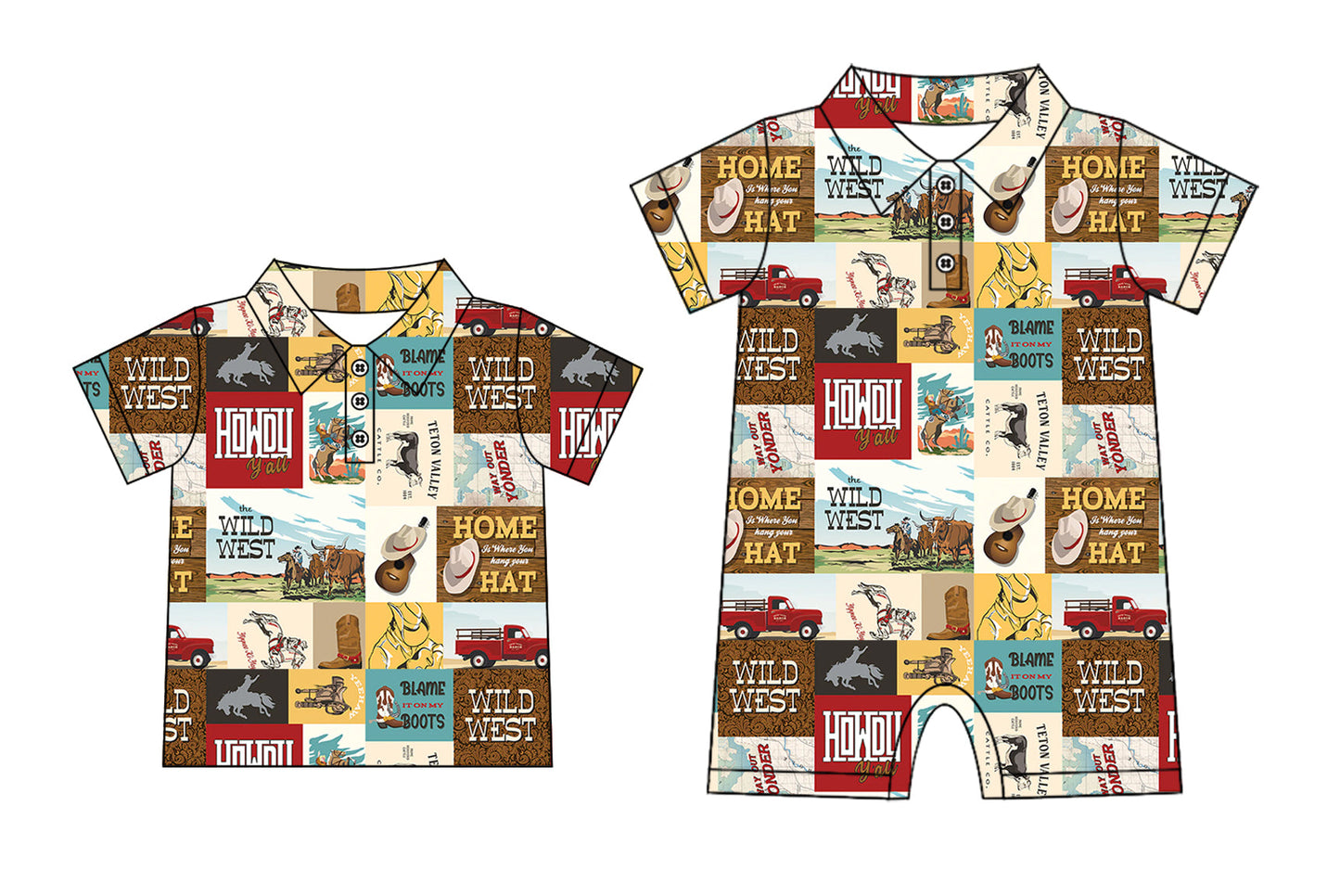 Baby Boy Short Sleeves Western Rodeo Print Sibling Romper Shirt ( Moq 5 Each Style ) 3.18