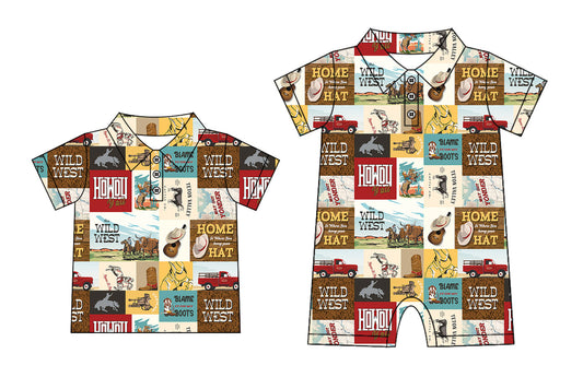 Baby Boy Short Sleeves Western Rodeo Print Sibling Romper Shirt ( Moq 5 Each Style ) 3.18