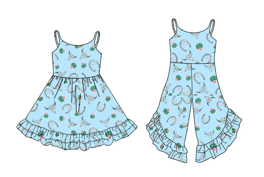 Baby Girl Straps Western Cactus Cow Blue Sibling Dress Jumpsuit ( Moq 5 Each Style ) 3.1