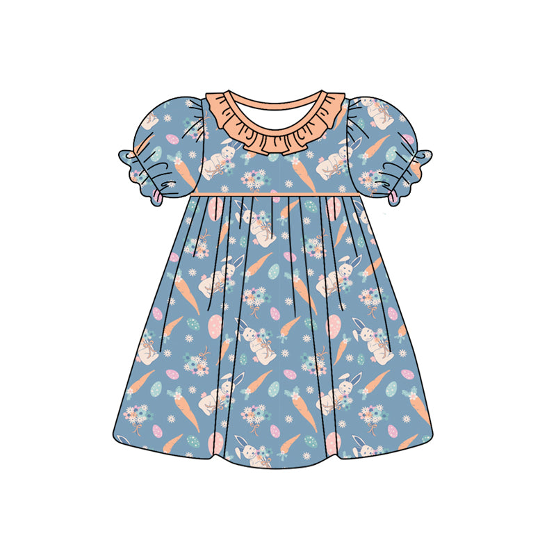 Baby Girl Toddler Short Sleeves Rabbit Egg Carrot Flower Easter Knee Length Dress