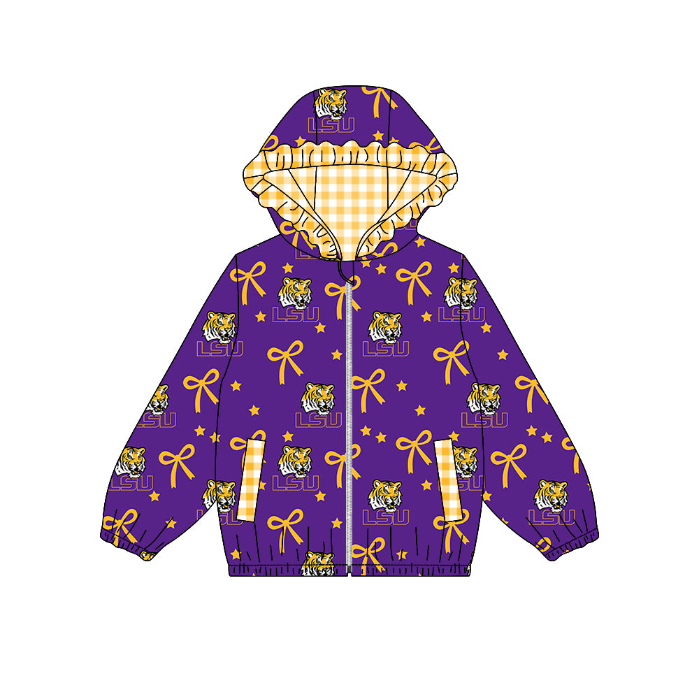 ( Moq 5 ) Custom Baby Girl Kids Bows Pockets Zipper Ruffle Hoodie Purple Coat Team Tops