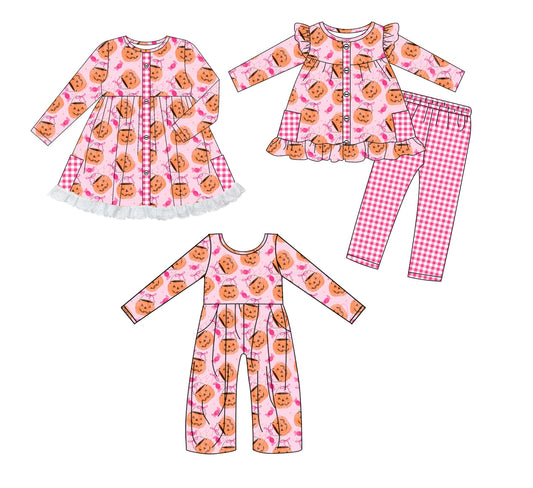 ( Moq 5 Each Style ) Baby Girl Toddler Pumpkins Bows Halloween Sibling Jumpsuit Dress Set