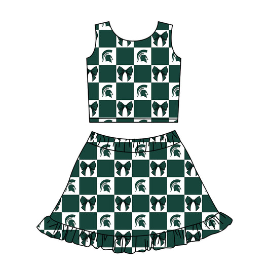 ( Moq 5 ) Baby Girls Kids Toddler Bows Green Plaid Tops Shorts Ruffle Skirt Team Set