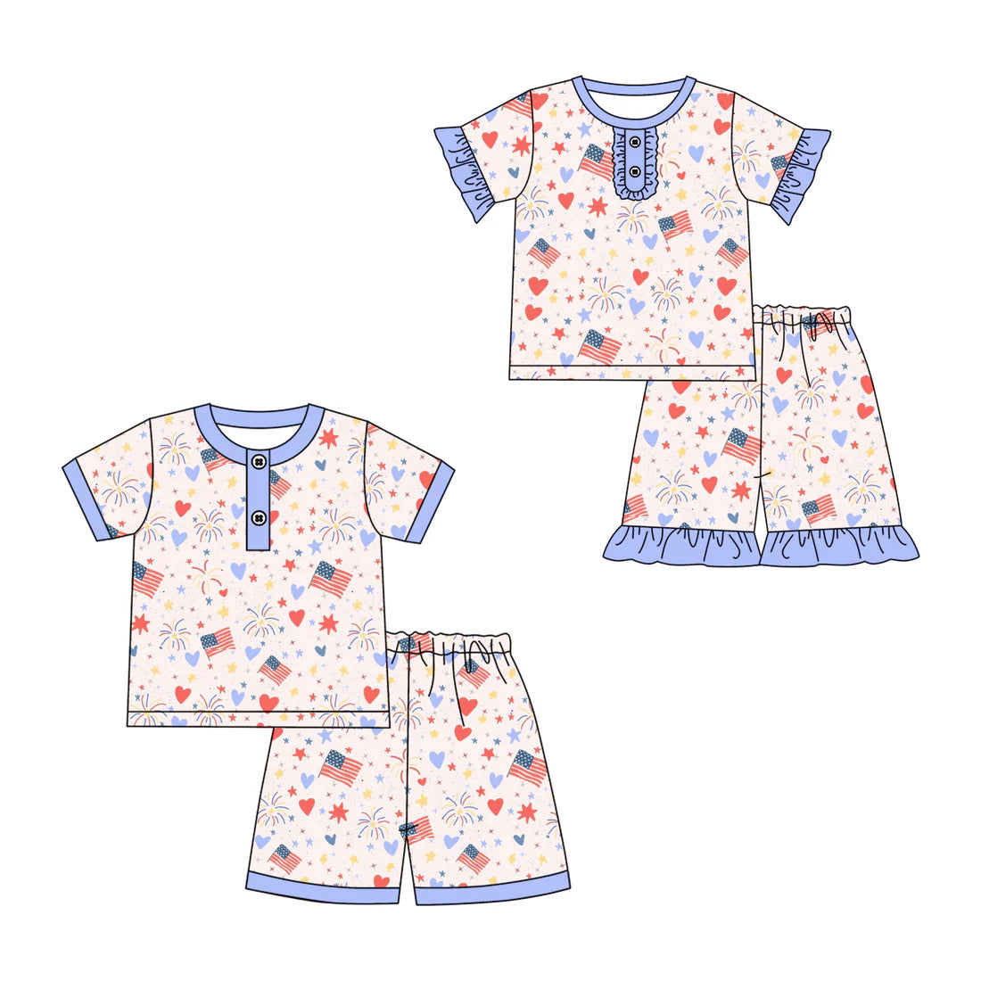 ( Moq 5 Each Style ) Baby Boys Girls Short Sleeves Flags Stars Hearts Sibling 4th of July Sets
