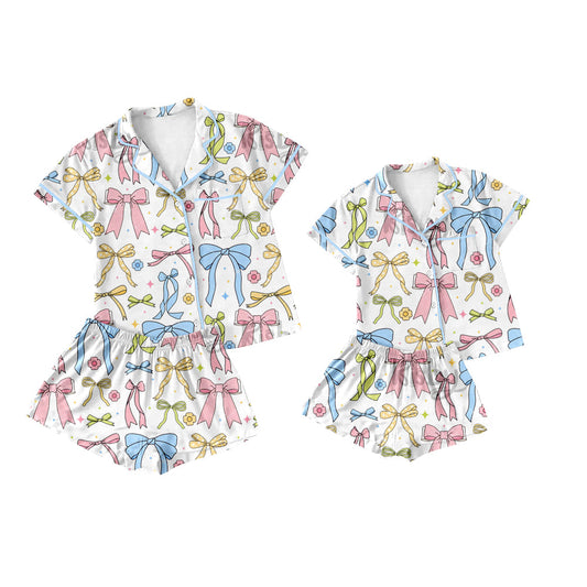 Baby Girl Adult Women Short Sleeves Colorful Bows Sibling Pajamas Set ( Moq 5 Each Style ) 3.21