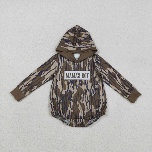 Baby Boys Long Sleeves Embroidery Mama's Boy Hoodie Camo Brown Bubble Romper RTS