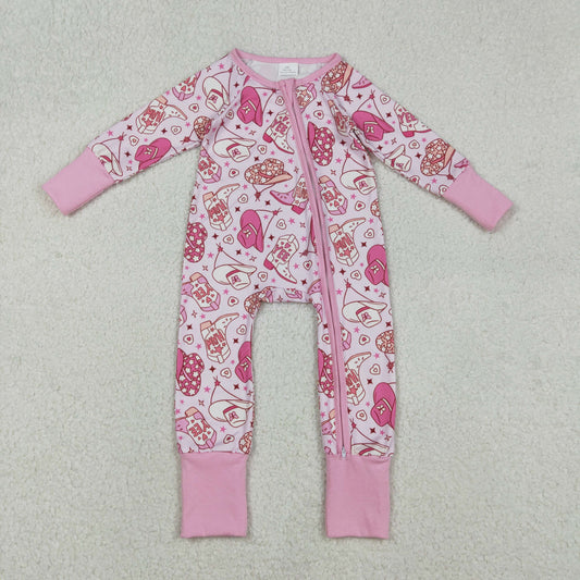 Baby Girls Long Sleeves Hats Boots Hearts Valentine Pink Footie Sleeper Zipper Romper RTS