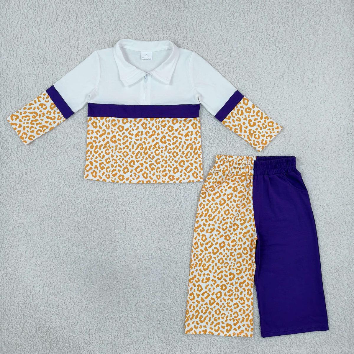 Baby Girls Kids Long Sleeves Zipper Pullover Leopard Purple Pants Set Clothes RTS