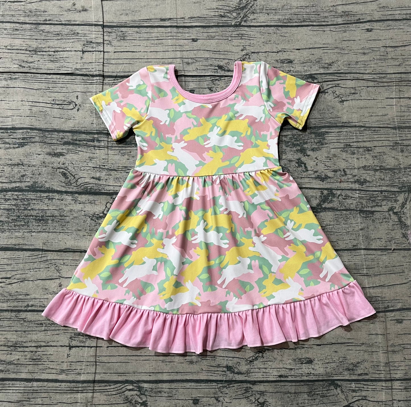 Baby Girls Short Sleeves Rabbits Camo Easter Knee Length Dress RTS
