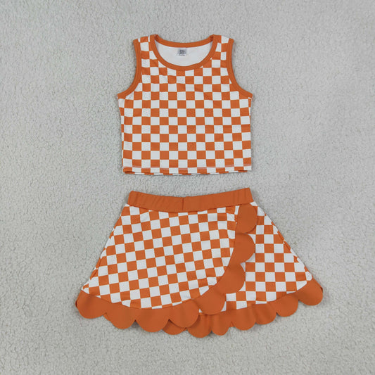 Baby Girls Kids Sleeveless Orange Checked Shirt Scallop Skirt Shorts Yoga Active Set Clothes RTS