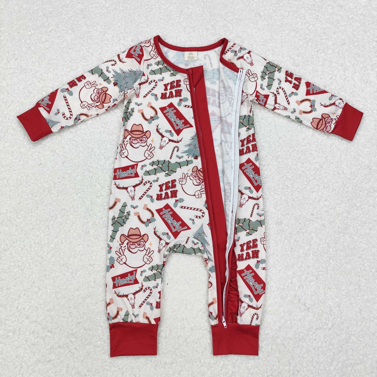 Baby Boy Long Sleeves Christmas Western Cactus Santa Zipper Bamboo Romper