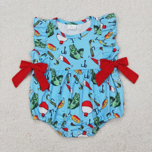 Baby Girl Infant Short Sleeves Fishing Red Bows Bubble Romper RTS