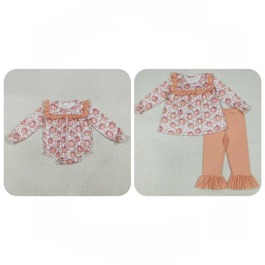 Baby Girl Long Sleeves Bows Pumpkins Sibling Orange Ruffle Fall Romper Set RTS