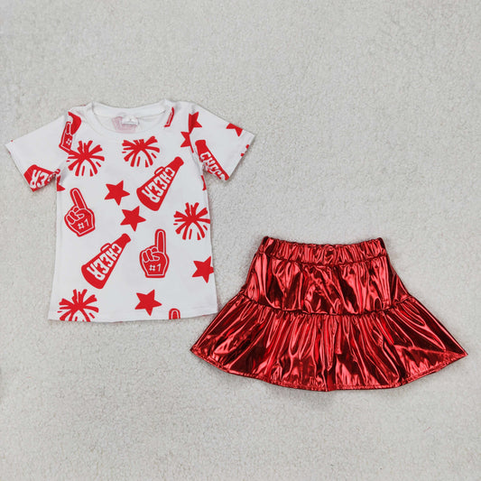 Baby Girl Short Sleeves Cheer Shirt Red Leather Skirt Clothes Set RTS