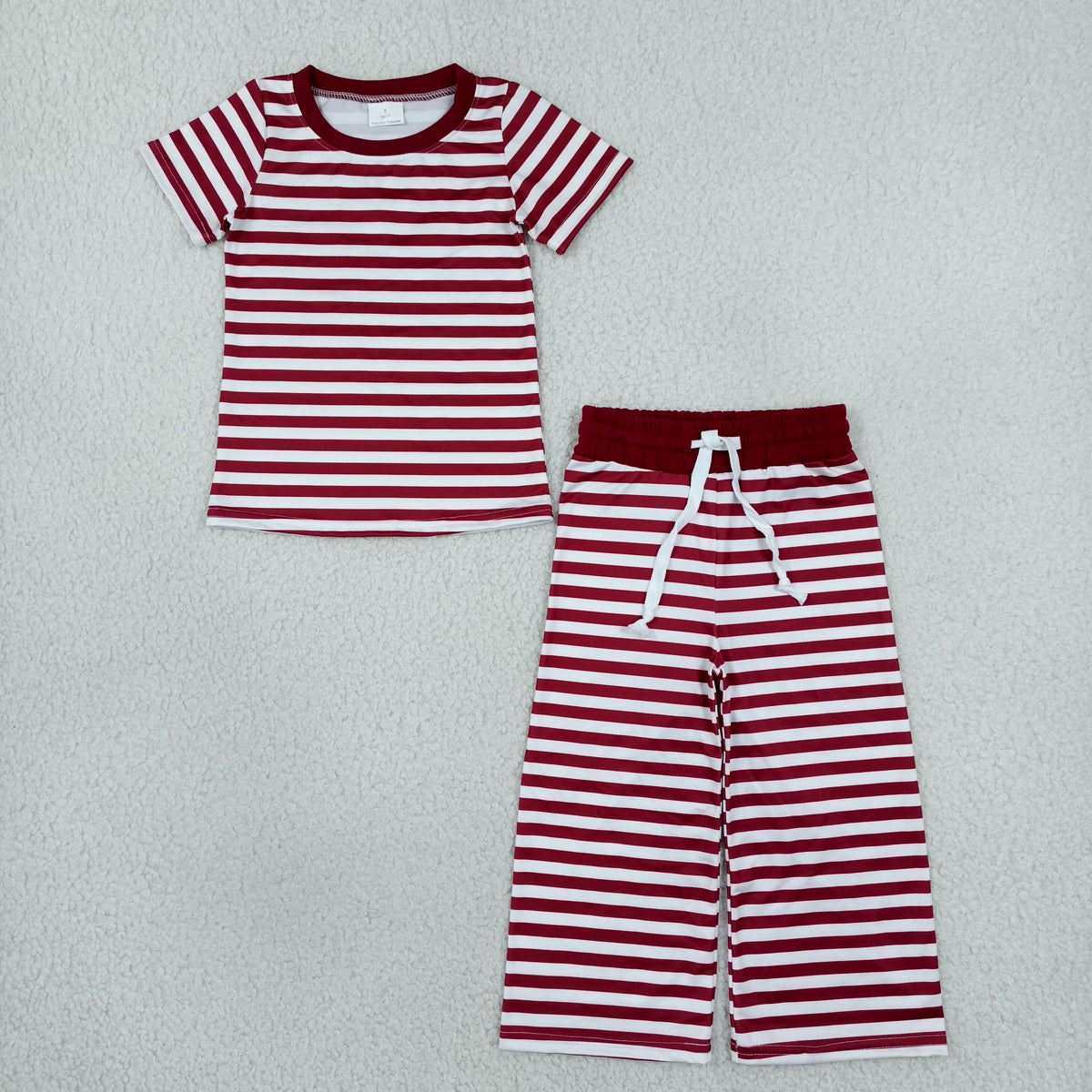 Baby Girls Kids Short Sleeves Dark Red Stripes Shirt Pants Pajamas Set Clothes RTS