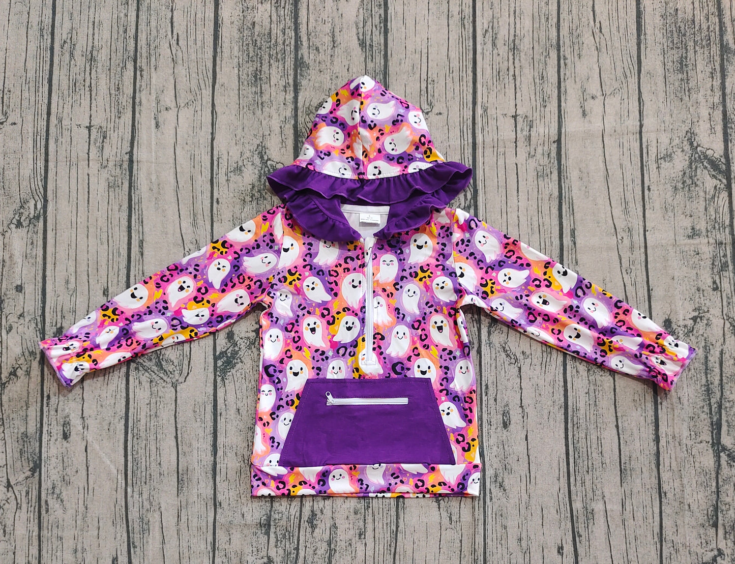 Baby Girl Long Sleeves Ghost Leopard Zipper Pocket Purple Halloween Shirt RTS
