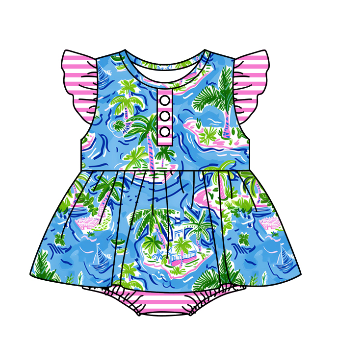 Baby Girl Short Sleeves Tree Stripes Sibling Romper Dress Clothes Set ( Moq 5 Each Design )
