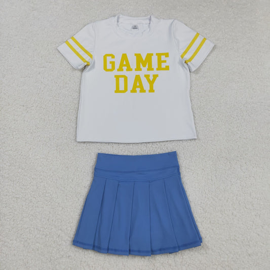 Toddler Girls Short Sleeves Game Day Vinyl Shirt Blue Yoga Active Skort Team Cheer Set RTS