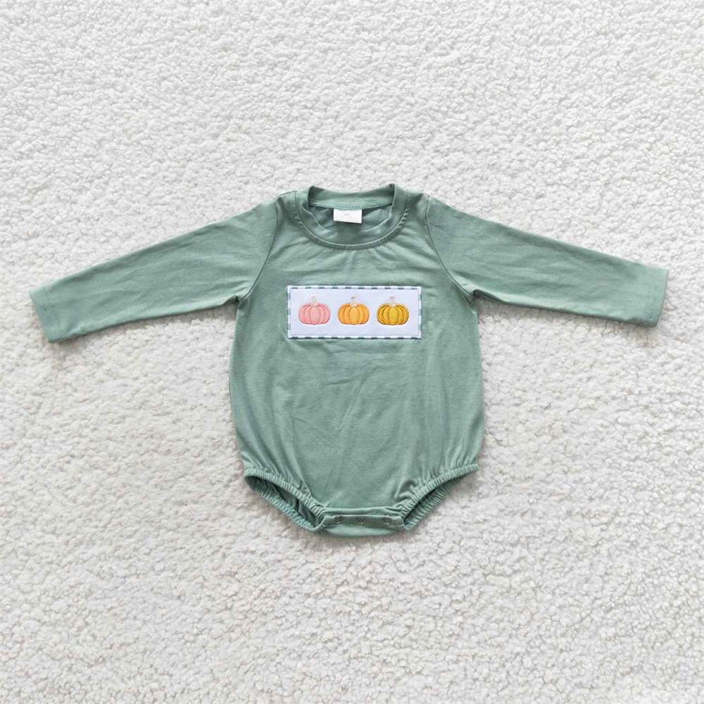 LR0450 Baby Girl Long Sleeves Embroidery Pumpkin Floral One Piece Romper