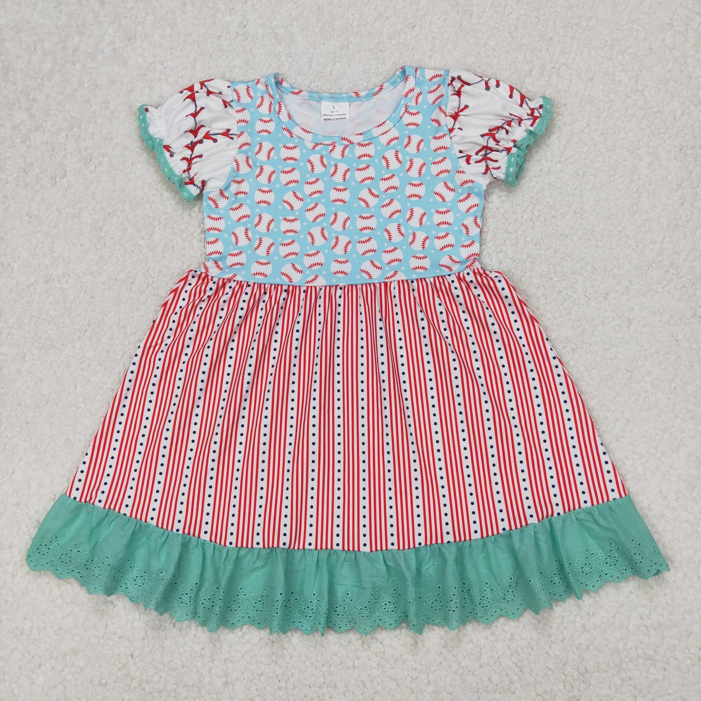 Baby Girl Short Sleeves Baseball Ruffle Knee Length Dress RTS