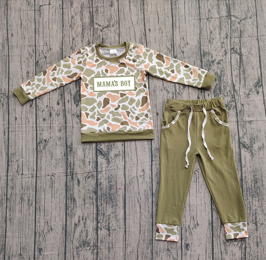 ( No moq ) Preorder Baby Boys Embroidery Mama's Boy Shirt Green Pockets Pants Clothes Set
