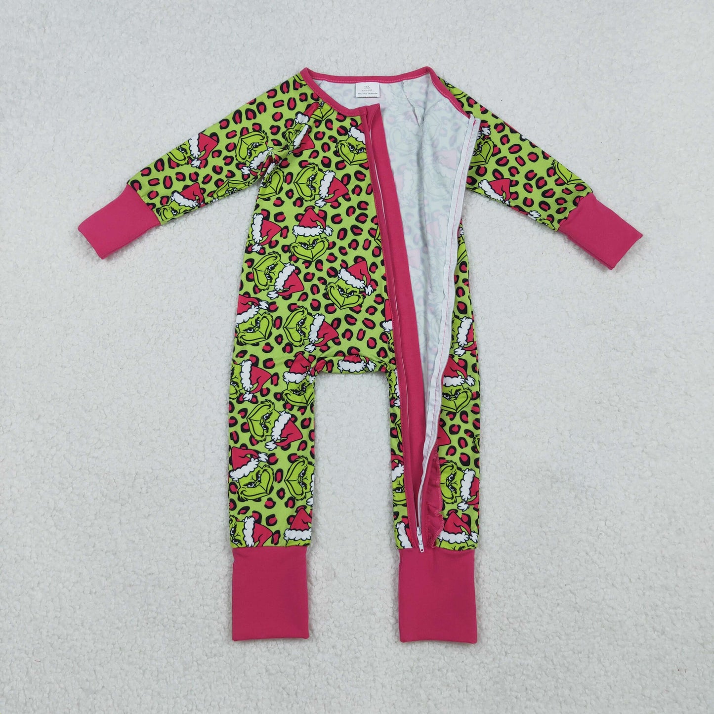 Baby Girl Fur Long Sleeves Green Face Leopard Christmas Red Zipper Pajamas Romper RTS
