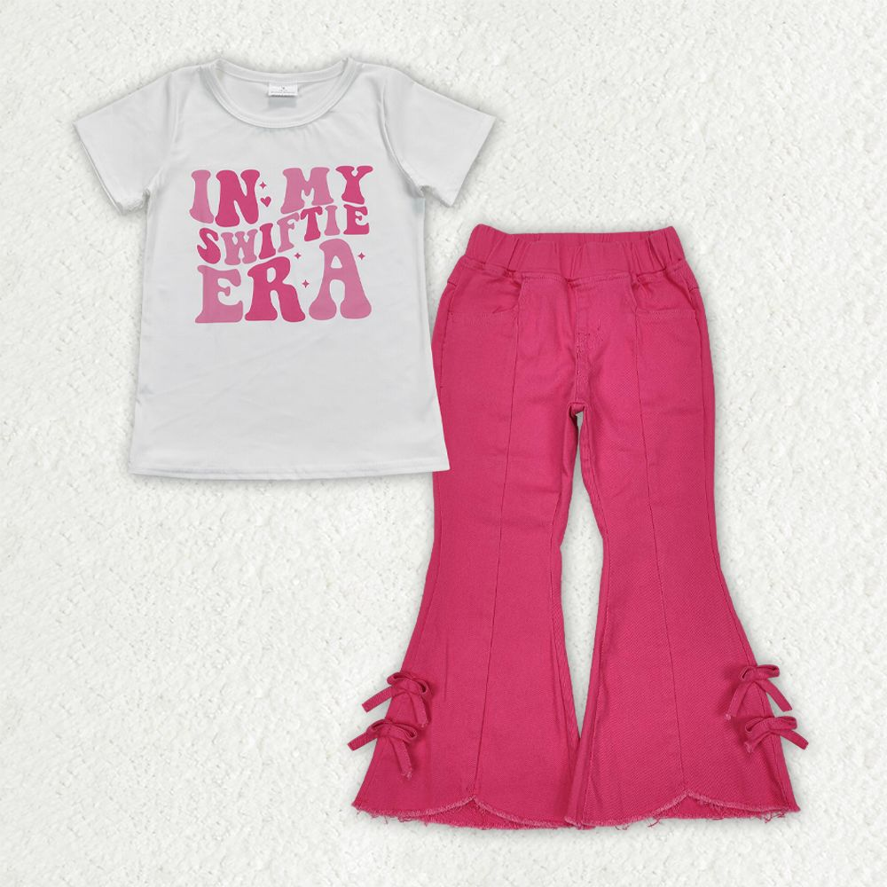 Baby Girl Short Sleeves Singer Shirt Pink Bows Denim Jeans Pants Western Set RTS