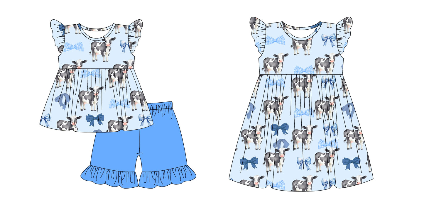 Baby Girl Short Sleeves Cow Blue Bows Sibling Dress Set ( Moq 5 Each Style ) 1.3