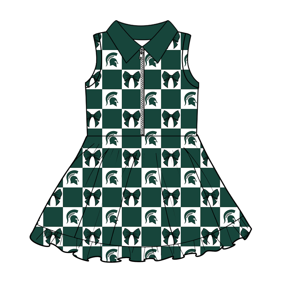 ( Moq 5 ) Baby Girls Kids Toddler Bows Green Plaid Team Zipper Shorts Knee Length Dress