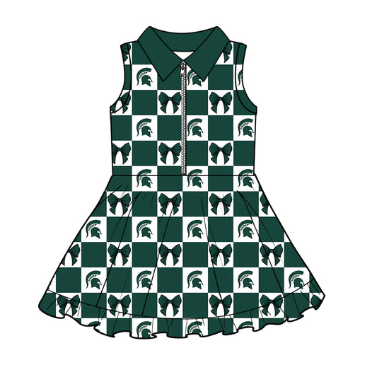( Moq 5 ) Baby Girls Kids Toddler Bows Green Plaid Team Zipper Shorts Knee Length Dress