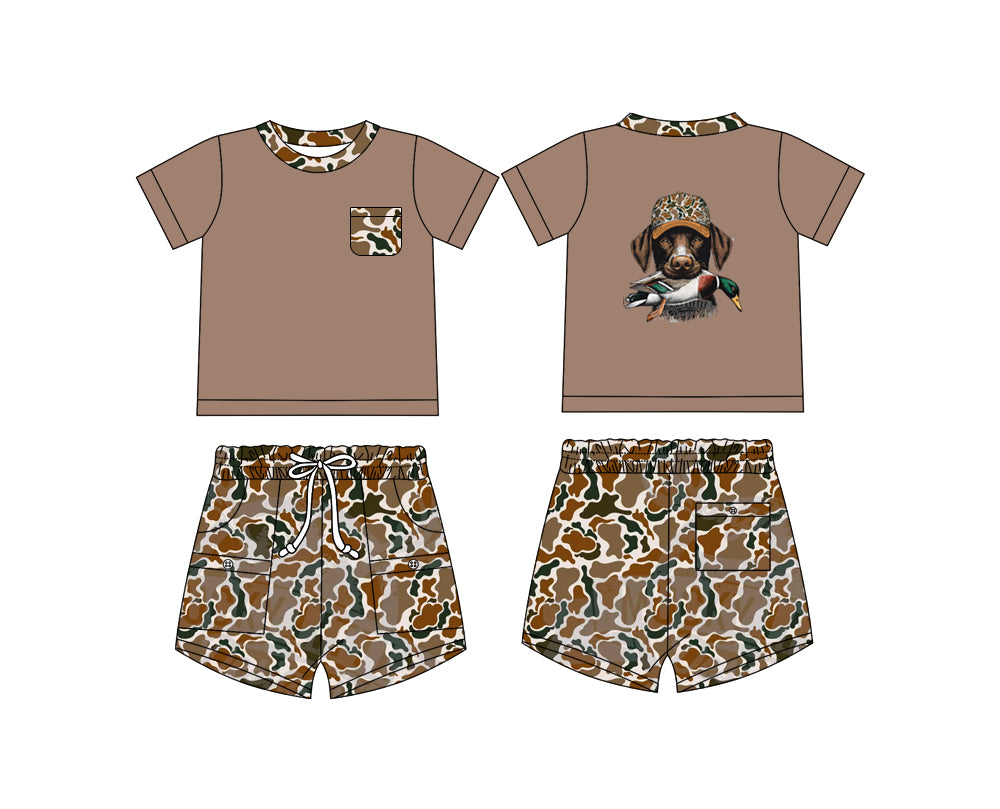 Baby Boy Green Short Sleeves Dog Duck Shirt Pockets Camo Shorts Set ( Moq 5 ) 12.9