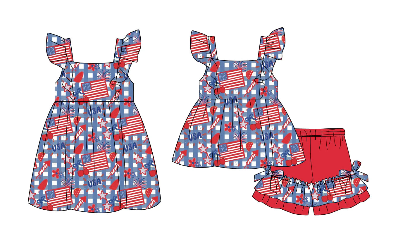 ( Moq 5 Each Style ) Baby Girls Kids Short Sleeves Flags Stars Sibling 4th of July Dress Set