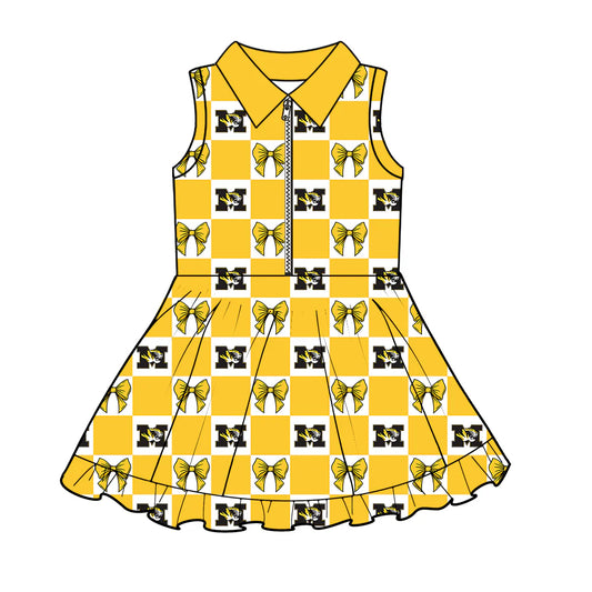 ( Moq 5 Each Style ) Baby Girls Kids Toddler Tigers Bows Yellow Plaid Team Zipper Shorts Knee Length Dress