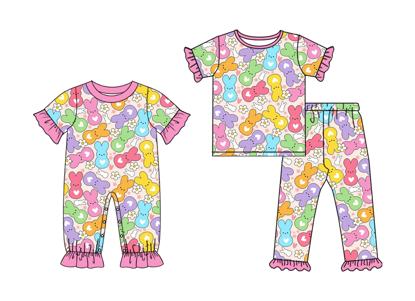 ( Moq 5 Each Style ) Girls Toddler Rabbits Flower Hearts Easter Sibling Romper Set