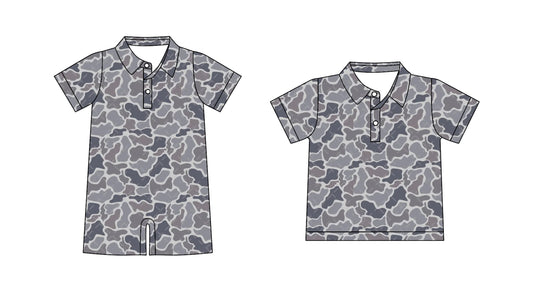 Baby Boy Short Sleeves Grey Camo Sibling Romper Shirt ( Moq 5 Each Style ) 3.20