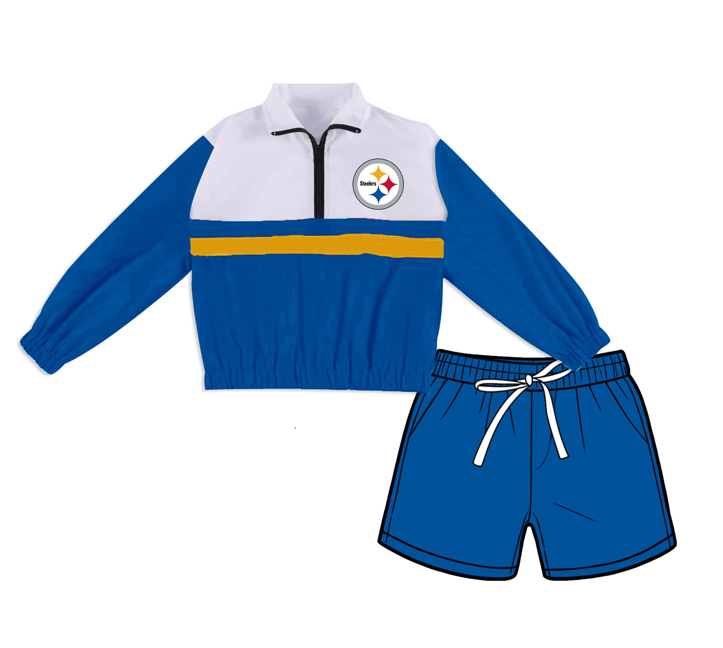 ( Moq 5 ) Baby Girls Kids Blue Long Sleeves Zipper Pullover Pockets Shorts Team Set Clothes
