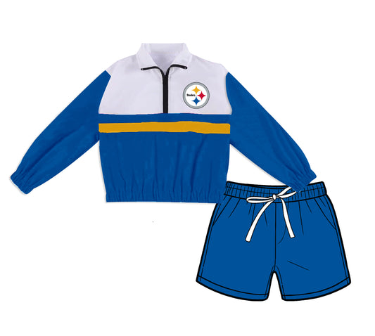 ( Moq 5 ) Baby Girls Kids Blue Long Sleeves Zipper Pullover Pockets Shorts Team Set Clothes