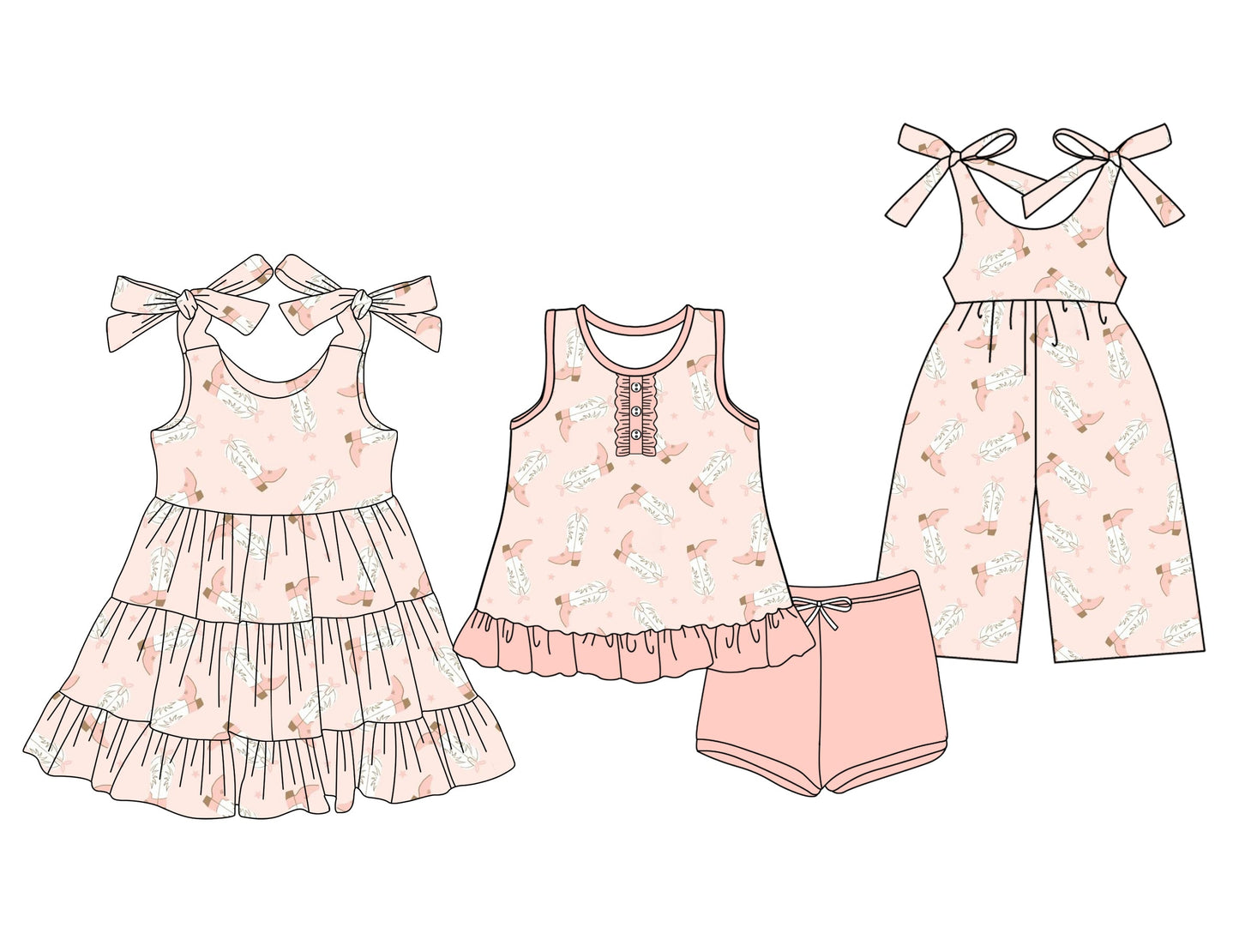 Baby Girl Straps Western Boots Sibling Jumpsuit Dress Set ( Moq 5 Each Style ) 3.14