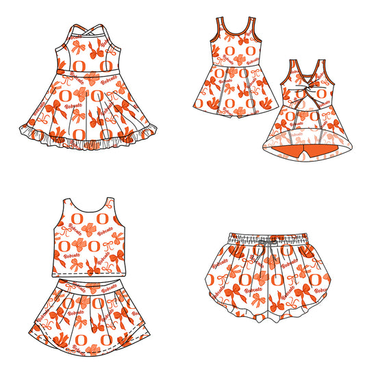 ( Moq 5 Each Style ) Baby Girls Toddler Orange Bows Sibling Team Shorts Dresses Set Clothes