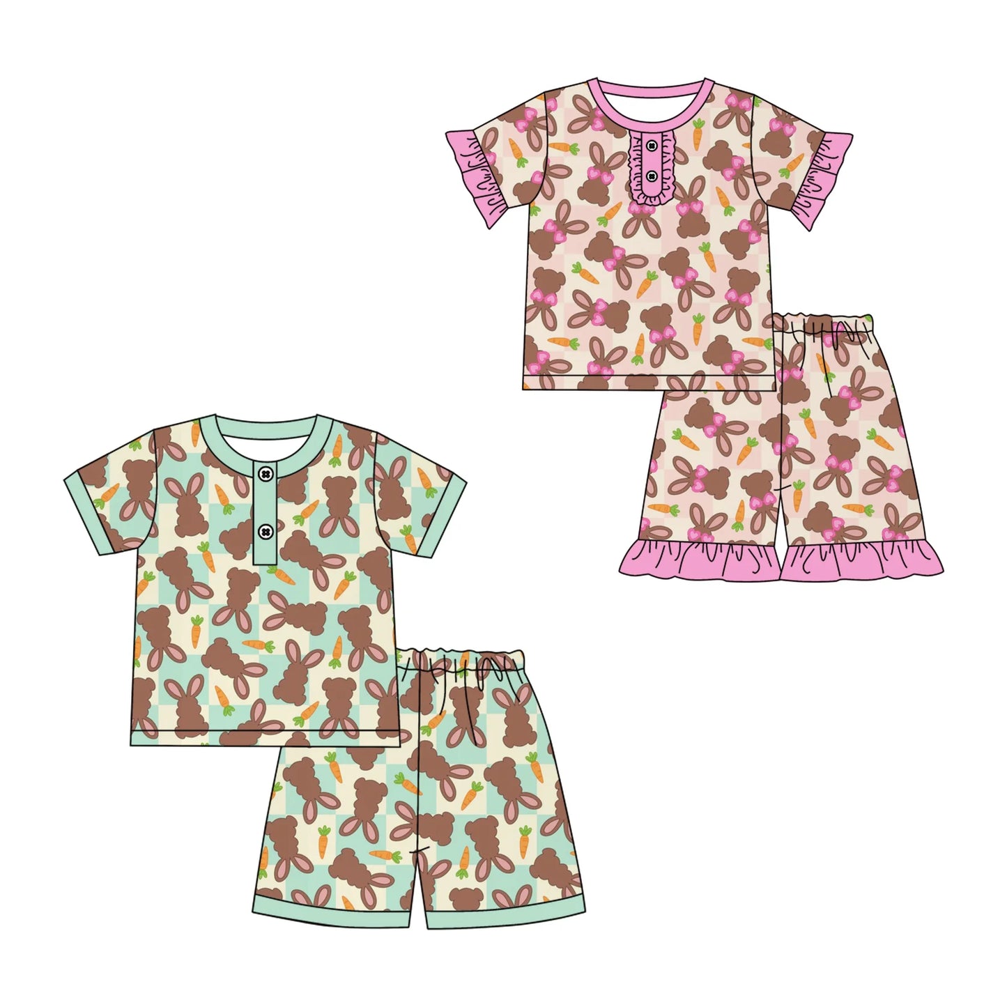 ( Moq 5 Each Style ) Baby Boys Girls Short Sleeves Rabbits Carrots Shirt Shorts Sibling Easter Pajamas Sets
